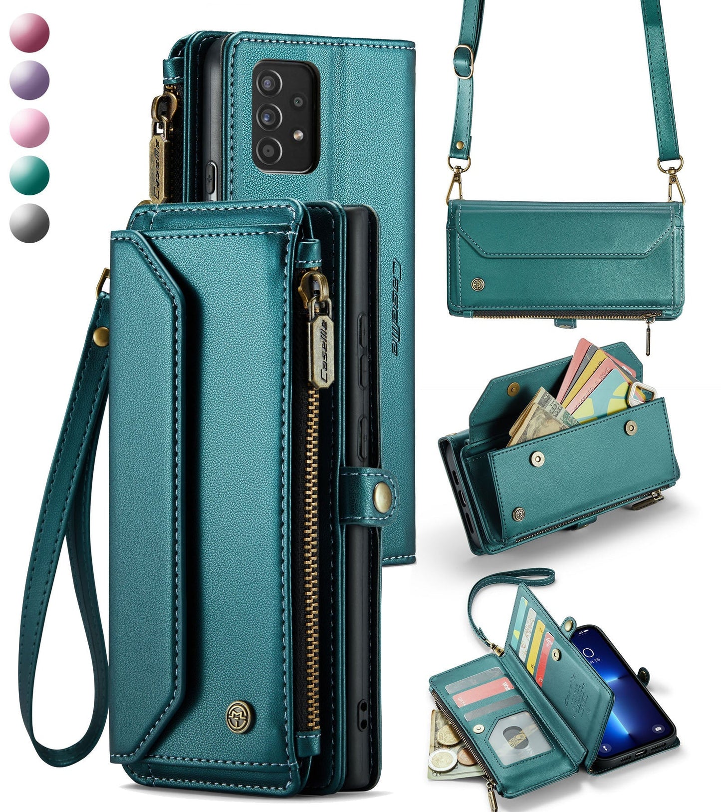 New RFID Blocking Zipper Wallet Supports Wireless Charging with Long and Short Lanyard Leather Phone Case for Samsung Galaxy A