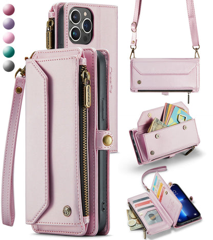 New RFID Blocking Zipper Wallet Supports Wireless Charging with Long and Short Lanyard Leather Phone Case for iPhone16/16e/16 Pro/16 Plus/16 Pro Max