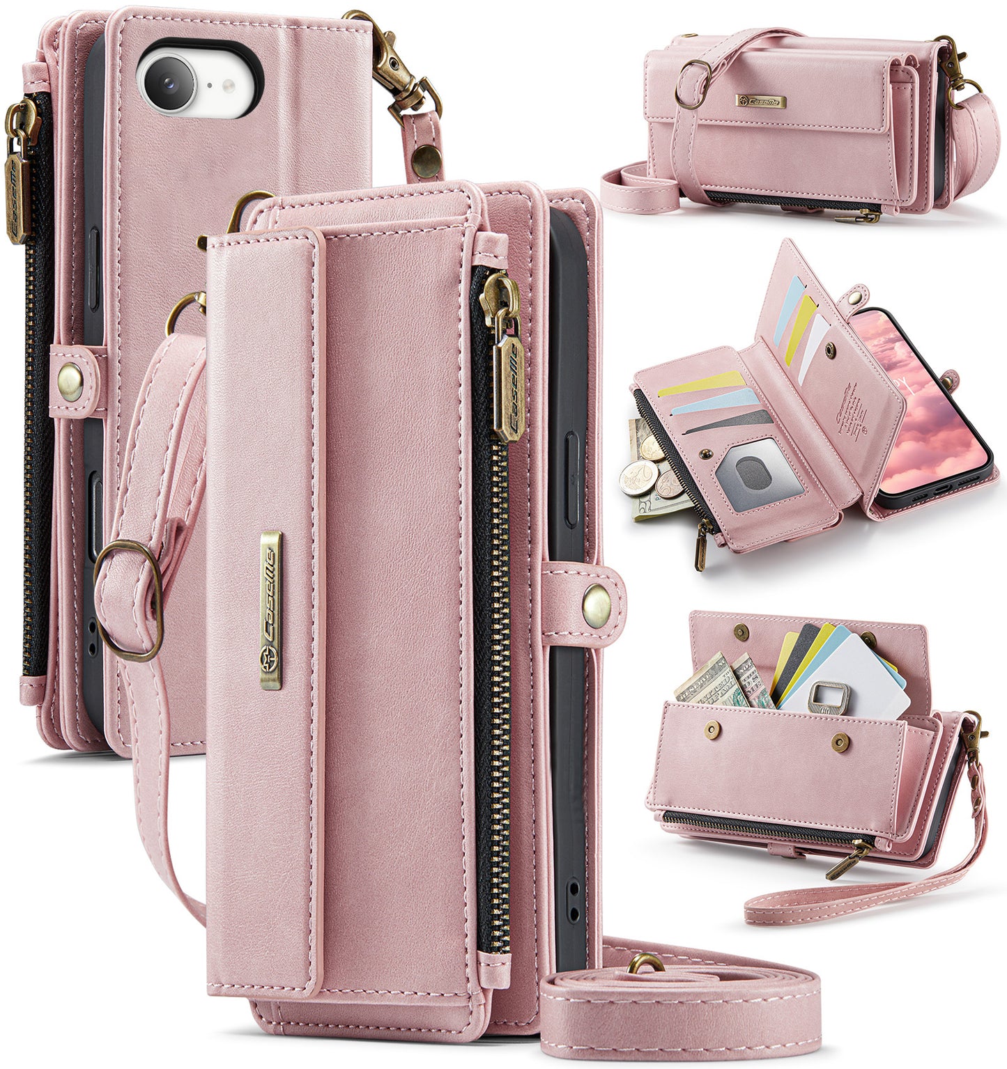 New RFID Blocking Zipper Wallet Supports Wireless Charging with Long and Short Lanyard Leather Phone Case for iPhone16/16e/16 Pro/16 Plus/16 Pro Max