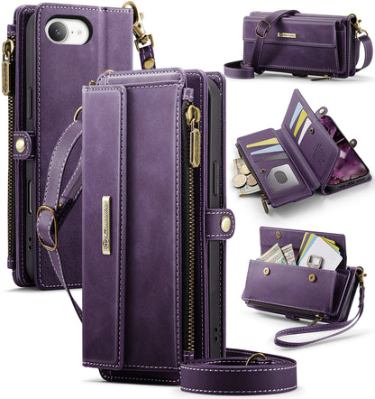 New RFID Blocking Zipper Wallet Supports Wireless Charging with Long and Short Lanyard Leather Phone Case for iPhone16/16e/16 Pro/16 Plus/16 Pro Max