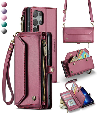 New RFID Blocking Zipper Wallet Supports Wireless Charging with Long and Short Lanyard Leather Phone Case for Samsung Galaxy S25/S25+/S25 Ultra