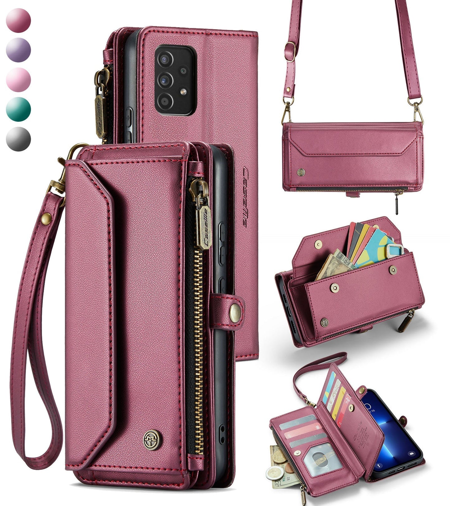 New RFID Blocking Zipper Wallet Supports Wireless Charging with Long and Short Lanyard Leather Phone Case for Samsung Galaxy A