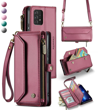 New RFID Blocking Zipper Wallet Supports Wireless Charging with Long and Short Lanyard Leather Phone Case for Samsung Galaxy A